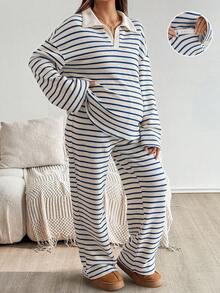 SHEIN 2件套孕妇休闲条纹上衣和裤子套装，秋季 - 藍白色 - 查看 6