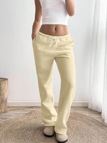 SHEIN Unity Apricot Low Waist Drawstring Tie Slant Pocket Straight Wide Leg Sweatpants, Fashion Minimalist Casual Daily Versatile, Suitable For Petite Women, Spring/Autumn - Apricot - View 3