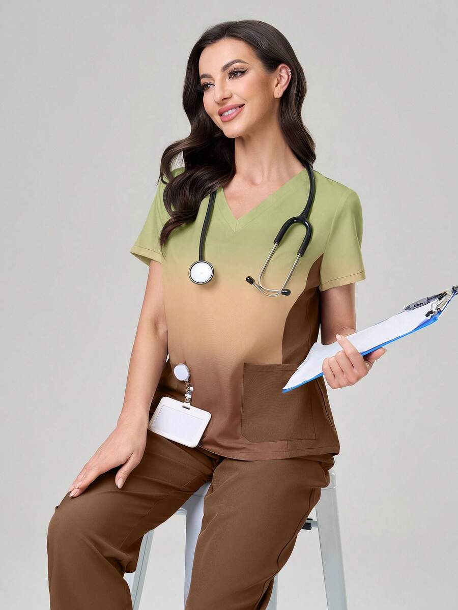 TaskEZ 渐变色短袖上衣和纯色裤子手术服套装 - 咖啡棕 - 查看 1