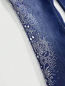 J-Fashion 女式复古 Y2K 花卉图案水钻装饰喇叭牛仔裤 - 藍色 - 查看 3