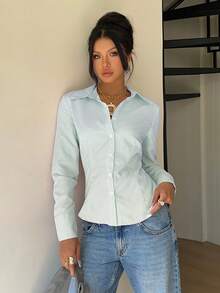 SHEIN EZwear 女士秋季新款粉色条纹系腰修身长袖衬衫 - 綠色 - 查看 5