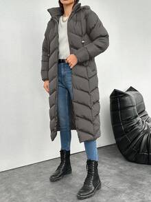 EURMUSE 女士时尚绗缝拉链连帽棉服外套（冬季） - 灰色 - 查看 6