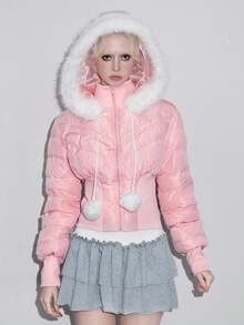 ROMWE Kawaii Áo khoác lông thú giả chắp vá ấm áp mùa đông dành cho nữ, có mũ trùm đầu và đệm - Hồng - Xem 4