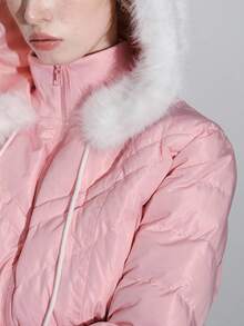 ROMWE Kawaii Áo khoác lông thú giả chắp vá ấm áp mùa đông dành cho nữ, có mũ trùm đầu và đệm - Hồng - Xem 6