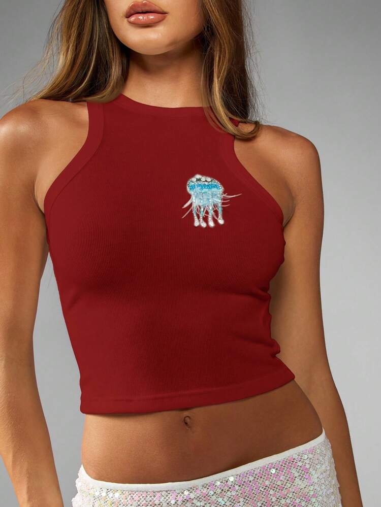MISSGUIDED Sleeveless Knit Crop Top With Jellyfish Applique Detail High Neck Ribbed Tank Fashion Summer Beach Party Festival Stylish Casual Resort Wear