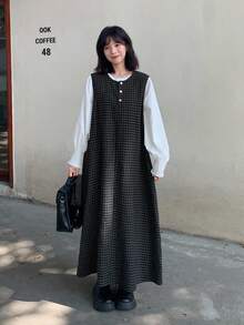FRIFUL 女士纽扣半襟格子圆领无袖休闲宽松长款连衣裙 - 灰色 - 查看 4