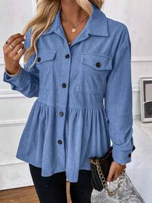 SHEIN LUNE Casual Solid Color Corduroy Regular Jacket, Autumn - Blue - View 5