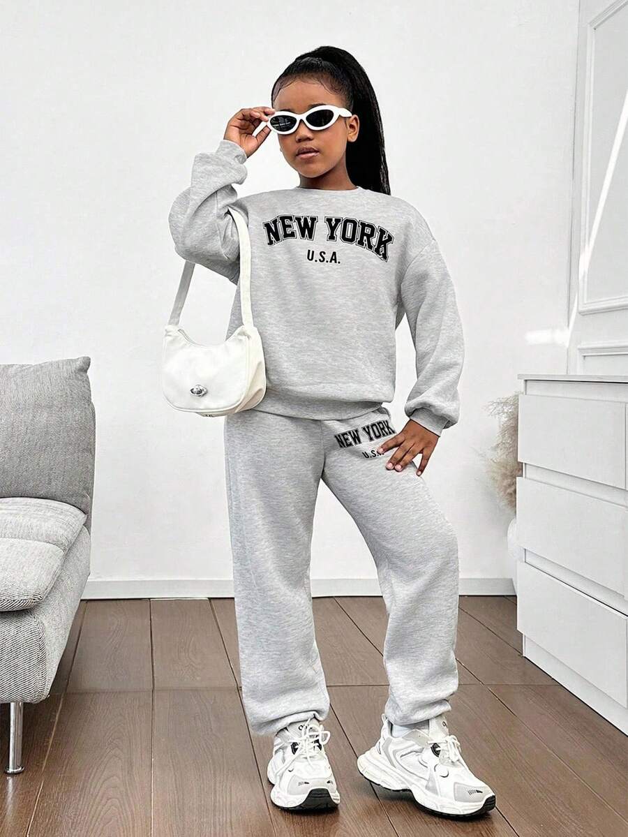 SHEIN 青少年女孩舒适休闲简约口号印花超大圆领长袖连帽衫和紧身运动裤套装，麻灰色 - 彩色 - 查看 1