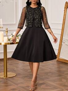 SHEIN Lady Women's Metallic Star Mesh 3/4 Sleeve Top And Sleeveless Dress Elegant 2 Pieces Set