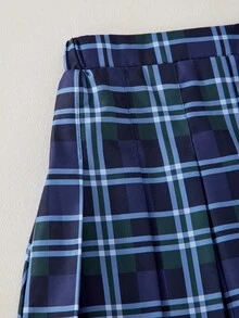 SHEIN Explorewe 2pcs Set Vintage Academic Style Plaid Pattern T-Shirt With Pleated Skirt, Suitable For Girls, Summer School & Casual Wear