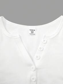 SHEIN 少女V领纽扣长袖T恤，修身打底衫，春秋新款秋冬 - 彩色 - 查看 3