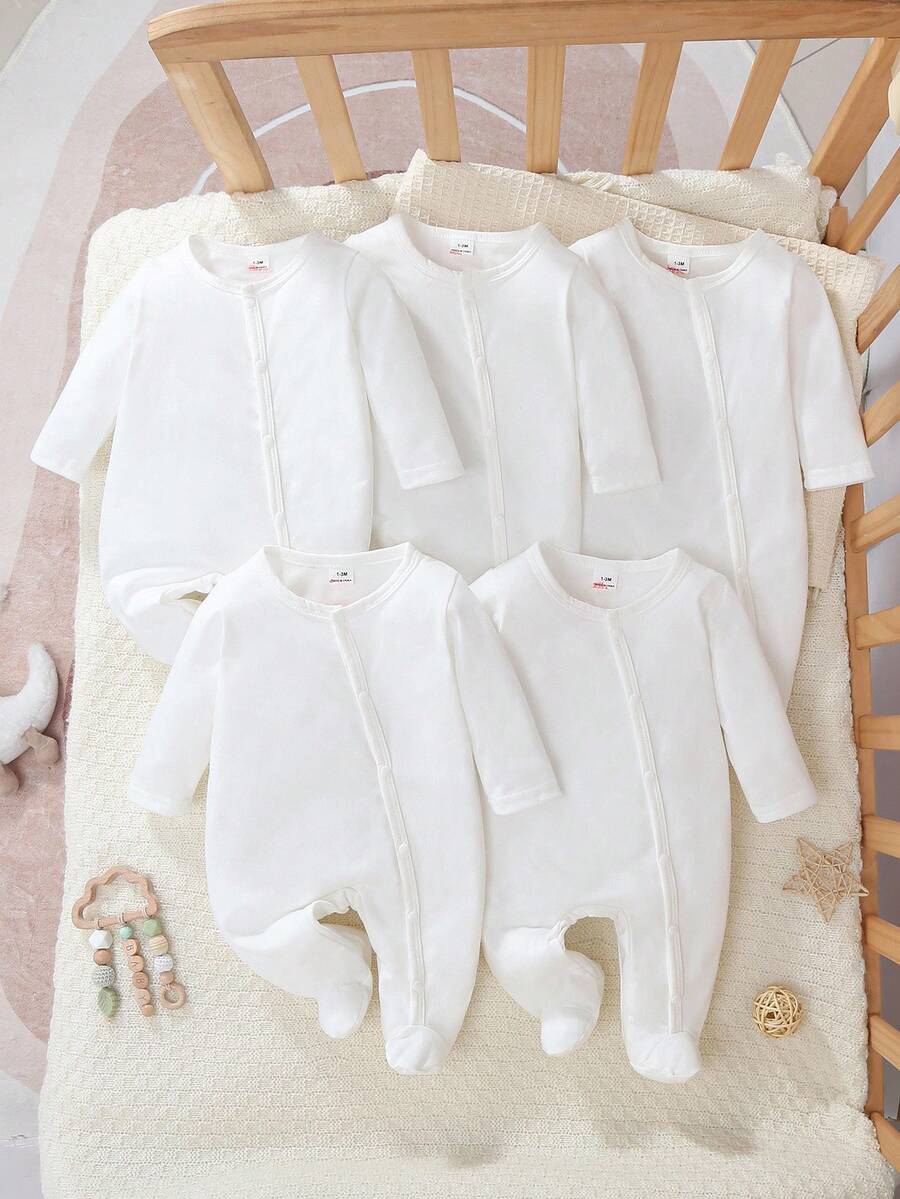 Set da 5 pezzi di body neonato a maniche lunghe con piedini, pigiama morbido e confortevole in tinta unita