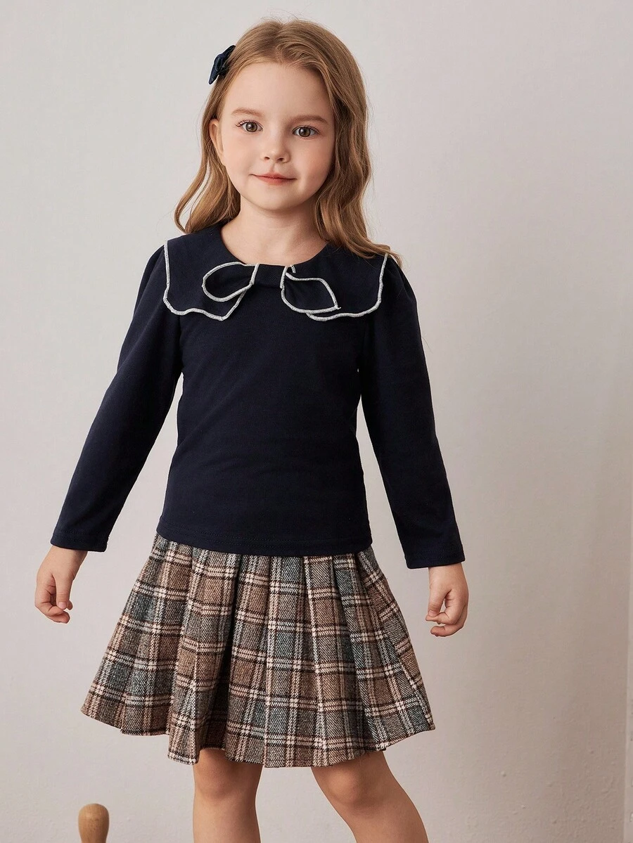 PrepCrw Young Girls' Preppy Style Bow Collar Long Sleeve T-Shirt Fall Winter - Blue - View 1