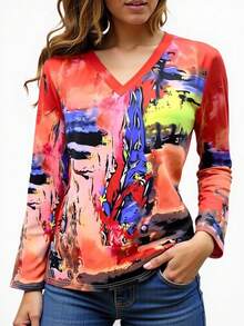Women's Fashionable Tie-Dye Print Long Sleeve T-Shirt, Spring/Autumn - Orange - View 1