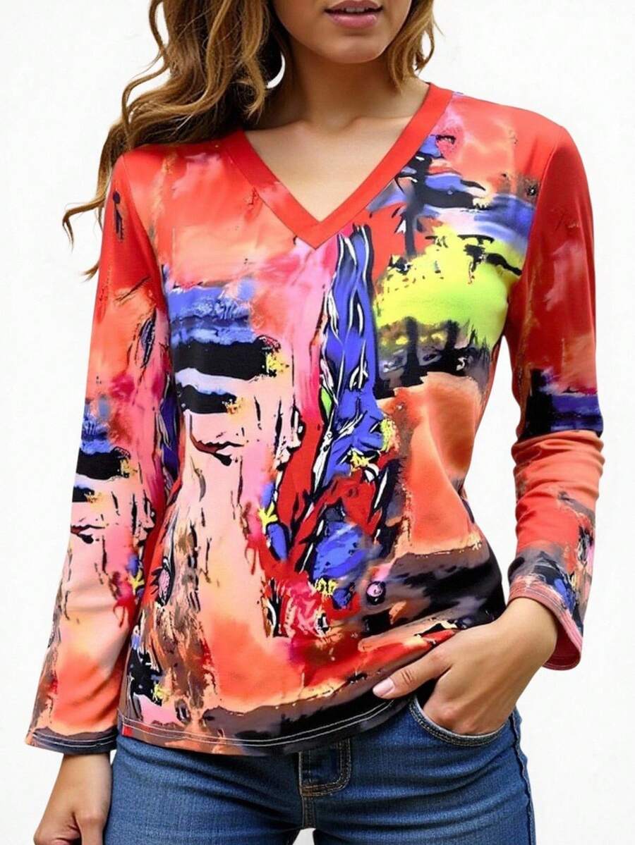 Women's Fashionable Tie-Dye Print Long Sleeve T-Shirt, Spring/Autumn - Orange - View 1