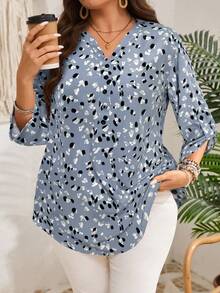 EMERY ROSE Plus Size Women's Early Spring 3/4 Sleeve Burgundy Printed Shirt - Grey - View 1