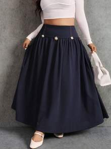 Elaquor Falda elegante y de moda con cintura alta, decoración de sol de metal y pliegues para mujer de talla grande - Azul - Ver 4