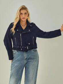 SHEIN Essnce Plus Size Casual Versatile Suede Biker Jacket, Autumn/Winter - Navy Blue - View 3
