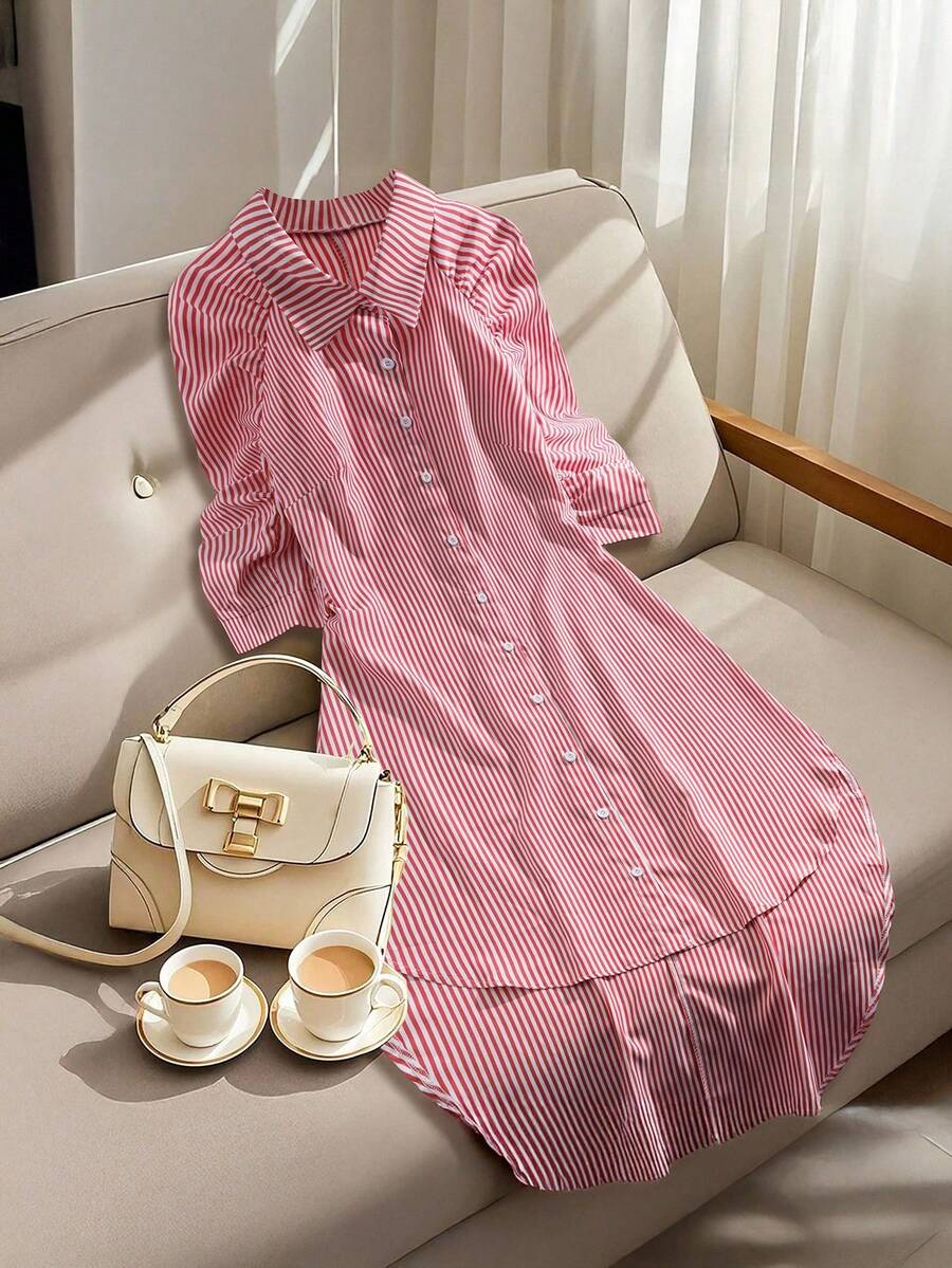SHEIN LUNE Ladies' Striped Pleated 3/4 Sleeve Casual Shirt Dress For ...