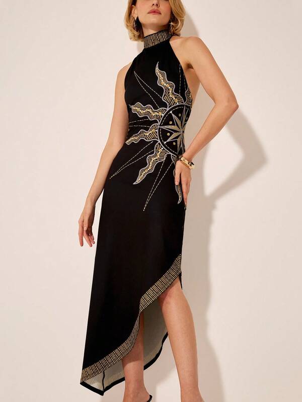 CAJUNI Vestido Assimétrico com Estampa Mística Retrô do Sol