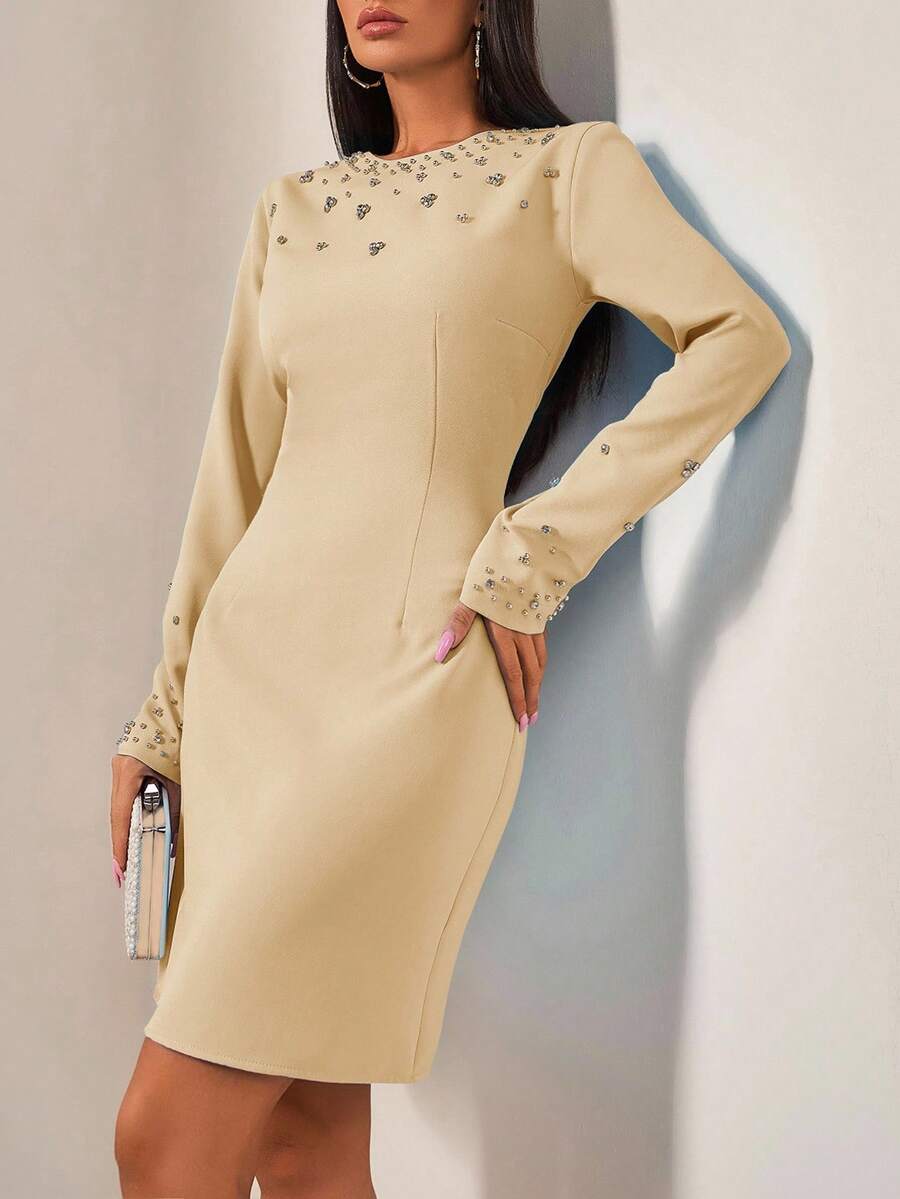 EURMUSE 时尚特殊设计，钻石点缀，长袖，完美贴合优雅连衣裙 - 黃色 - 查看 1