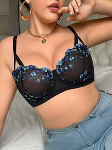 Elorette 1pc Plus Size Mesh Embroidered Underwire Bra Floral Bra Balconette Bra Plus Size Bra Plus Size Push Up Bra Embroidered Bra, Lift - Multicolor - View 12
