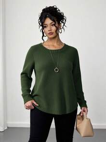 Elenzga Maglione oversize da donna in maglia a tinta unita, con spalle cadenti, orlo curvo e vestibilità ampia, maglione lavorato a maglia invernale autunnale - Verde - Visualizzare 4