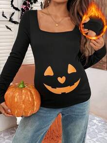 SHEIN Maternity Black Autumn Halloween Graphic Pumpkin Print Long Sleeve Crew Neck Casual Everyday T-Shirt,Jack O Lantern Pregnancy Costume Shirts For Women - Black - View 1