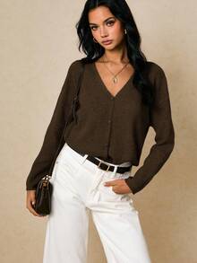 Poéselle Áo len cardigan tay dài đơn giản, màu trơn, đa năng, tối giản, thời trang thu đông cho nữ - màu nâu - Xem 4