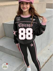 SHEIN Leap Crew 2pcs Tween Girl Casual Black Pink 88 Numeric Print Sweatshirt And Leggings Set,Back-To-School Fashion Sports Style School,Autumn Street Chic Clothes - Multicolor - View 3