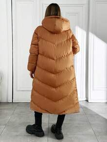 EURMUSE 女士纯色加厚前拉链按扣拉链口袋中长款冬季外套冬季夹克休闲 - 駝色 - 查看 2