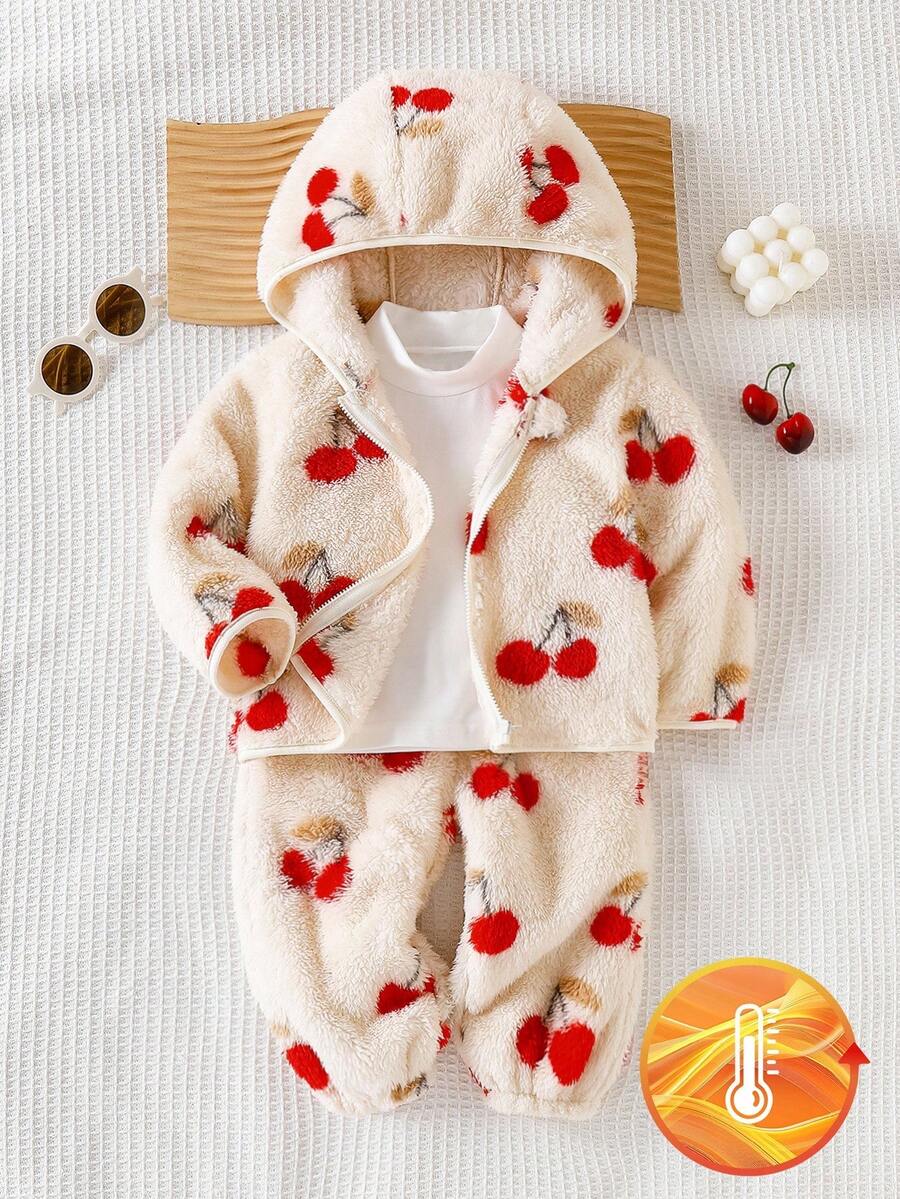 SHEIN Playful Pals 2 件女婴可爱樱桃印花连帽长袖夹克和蓬松长裤套装，时尚服装 - 杏色 - 查看 1