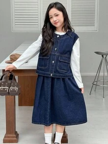 Dazy Kids 2 件套青少年女孩牛仔无袖夹克 + 牛仔裙套装，秋季 - 藍色 - 查看 3
