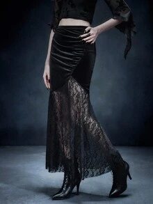 万圣节暗黑哥特浪漫风天鹅绒拼布蕾丝鱼尾裙 - 黑色 - 查看 1