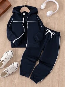 SHEIN Playful Pals 2 件套年轻男孩连帽卫衣和裤子套装，秋冬新款，黑色连帽衫搭配白色撞色条纹，黑色裤子，舒适休闲装，适合日常穿着，适合家庭/兄弟姐妹穿着 - 藏蓝色 - 查看 3