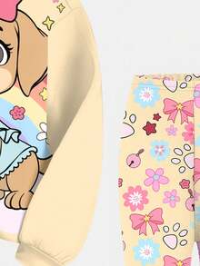 SHEIN 复古可爱小狗印花，彩虹蝴蝶结花卉秋季氛围运动服，年轻女孩休闲圆领长袖运动衫和紧身裤两件套，适合秋冬季 - 彩色 - 查看 6