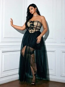 Viva Relle Plus Size Women's Tight Bodycon Dress, Sexy Contrast Color Bowknot Sheer Fitted Black Solid Color Dress, Suitable For Party/Wedding/Nightclub