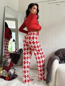 ZzzCrew 圣诞蝴蝶结格子姜饼女士圆领长袖上衣和裤子休闲睡衣套装，秋冬服装 - 紅色 - 查看 2