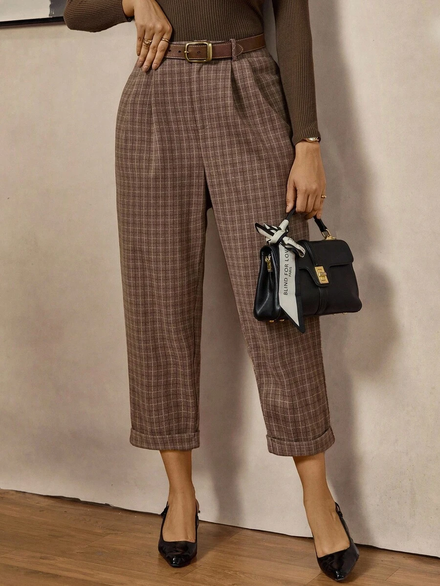 Zelara Plus Size Women Retro Plaid Casual Commuter Pants Plaid Pants Paper Bag Pants Brown Pants For Women Checkered Pants Cropped Plaid Pants Brown Pants All Clothes For Women Winter Clothes For Women Brown Pants Women's Winter Clothes Fall Clothes For Women Thanksgiving Outfit For Women Casual Dresses For Women Cropped Pants