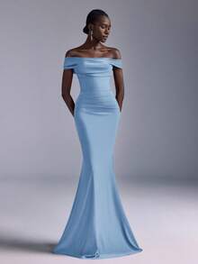 Elitara Elegant Ruched Off-Shoulder Mermaid Dress, Suitable For Weddings, Parties, Vacations, Prom, Bridesmaid (Adult) - Dusty Blue - View 7
