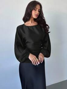 Firerie Women's New Elegant Romantic Casual Urban Commute Elegant Fashion Versatile Round Neck Batwing Long Sleeve Blouse, Suitable For Teachers, Autumn Black Top - Black - View 4