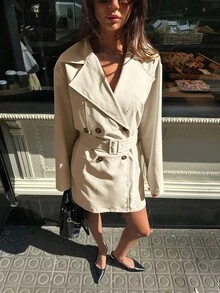 Aloruh 女士优雅翻领腰带卡其色纯色中长款风衣 - 卡其色 - 查看 4