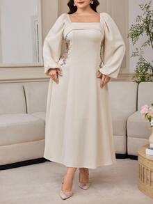 Modelyn Elegant Square Neck Waist Cinched Long Sleeve Plus Size Dress For Women - Apricot - View 4