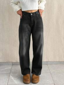 EURMUSE 低腰宽松直筒牛仔裤 - 深灰色 - 查看 1