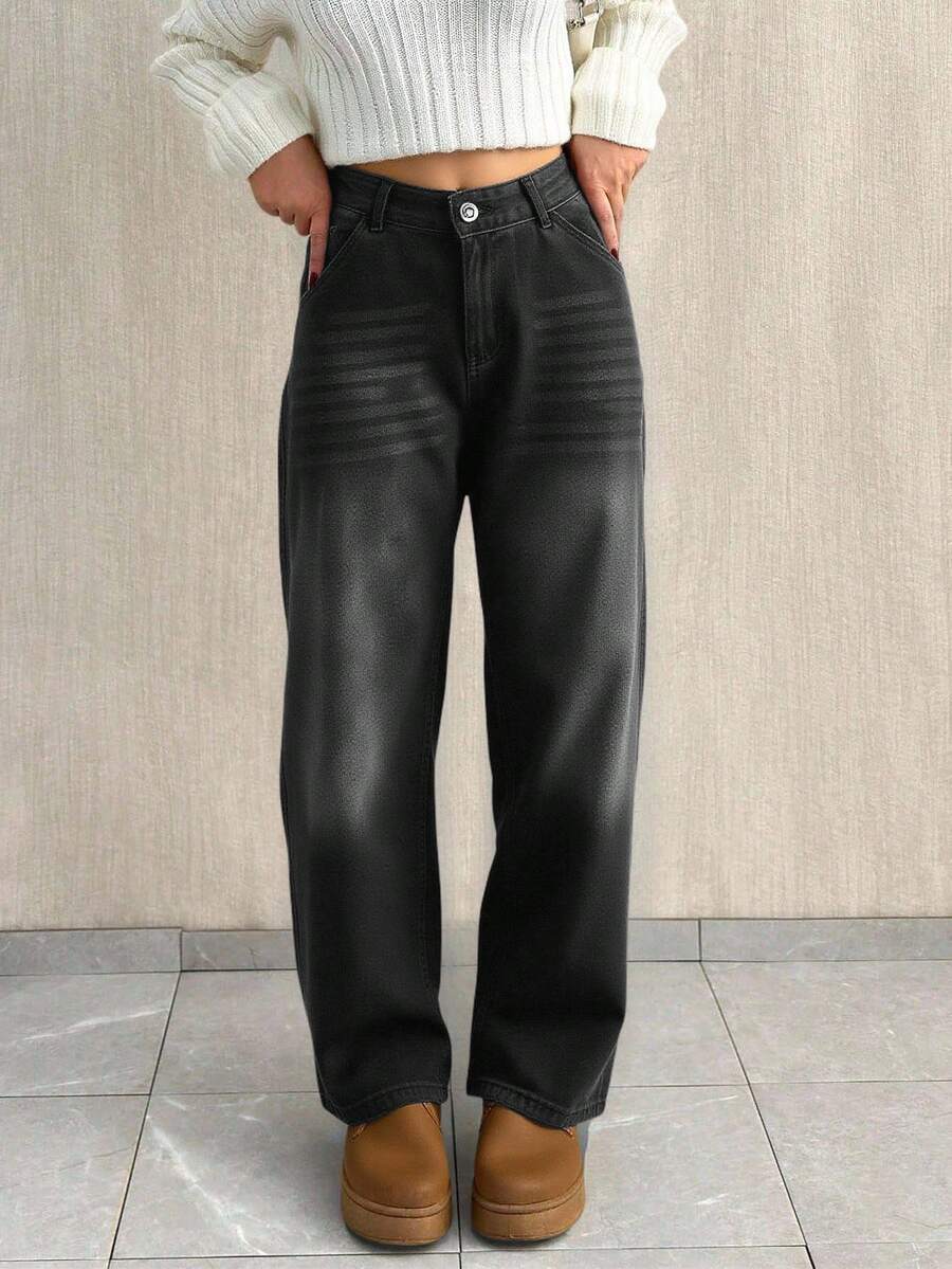 EURMUSE 低腰宽松直筒牛仔裤 - 深灰色 - 查看 1