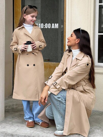 SHEIN Tween Girl & Mommy Matching Brown Double Breasted Turndown Collar Loose Fit Long Trench Coat With Belt,Casual Autumn Military Style Back To School