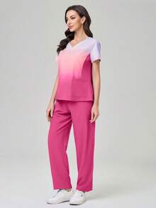 TaskEZ Conjunto de uniforme de scrubs con top de manga corta en degradado y pantalones de unicolor - Rosa - Ver 4