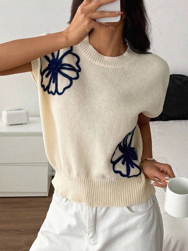 SHEIN PETITE Women's Casual Knit Top: Apricot Rib-Knit Sweater With Cap Sleeves And Round Neckline Featuring Delicate Floral Embroidery Detail Knit Tops Sweater Top Knit Top Women Floral Knit Top 3d Flower Top