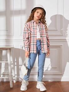 SHEIN Tween Girl Plaid Print Pocket Drop Shoulder Shirt - Multicolor - View 6