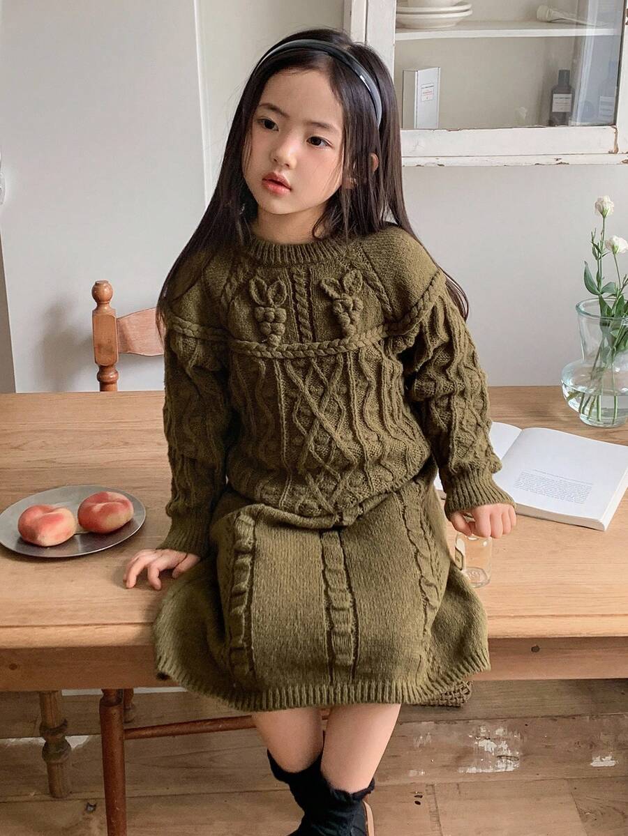 DAZY Young Girls Casual Solid Color Knitted Sweater And Skirt Set, Autumn/Winter - Green - View 1
